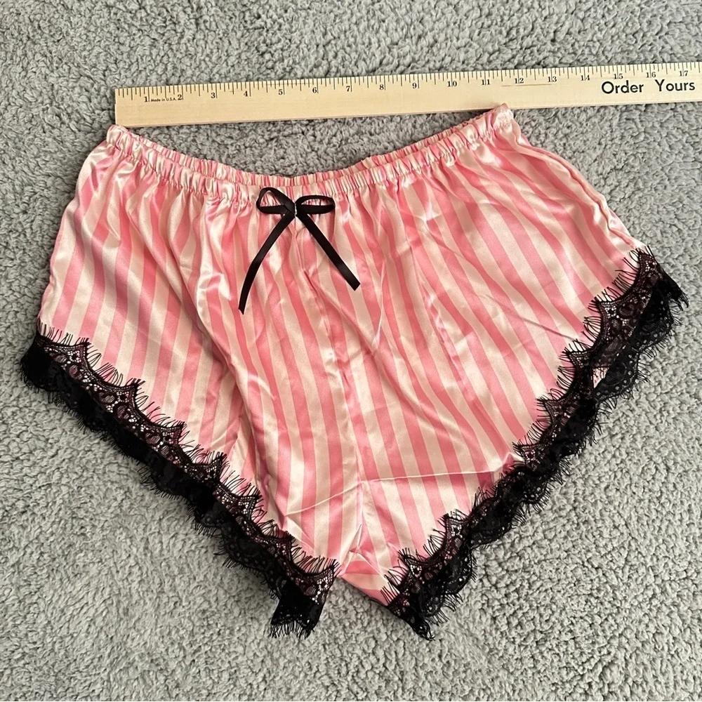 New Chic Noir Elegance Black Lace & Pink Silk Lingerie Pajama Shorts Set